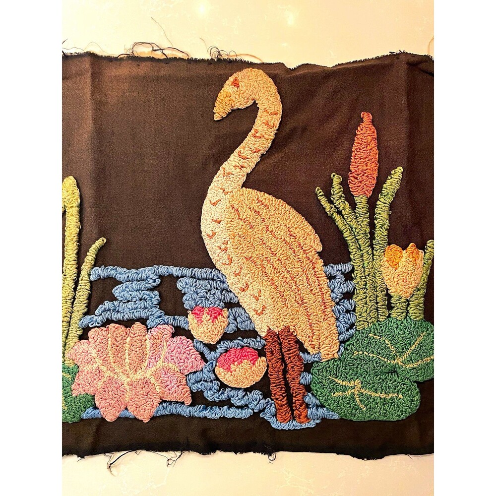 Vintage Punch Needle Embroidery Finished Fabric Panel Bird & Water Lily 13x15.25
